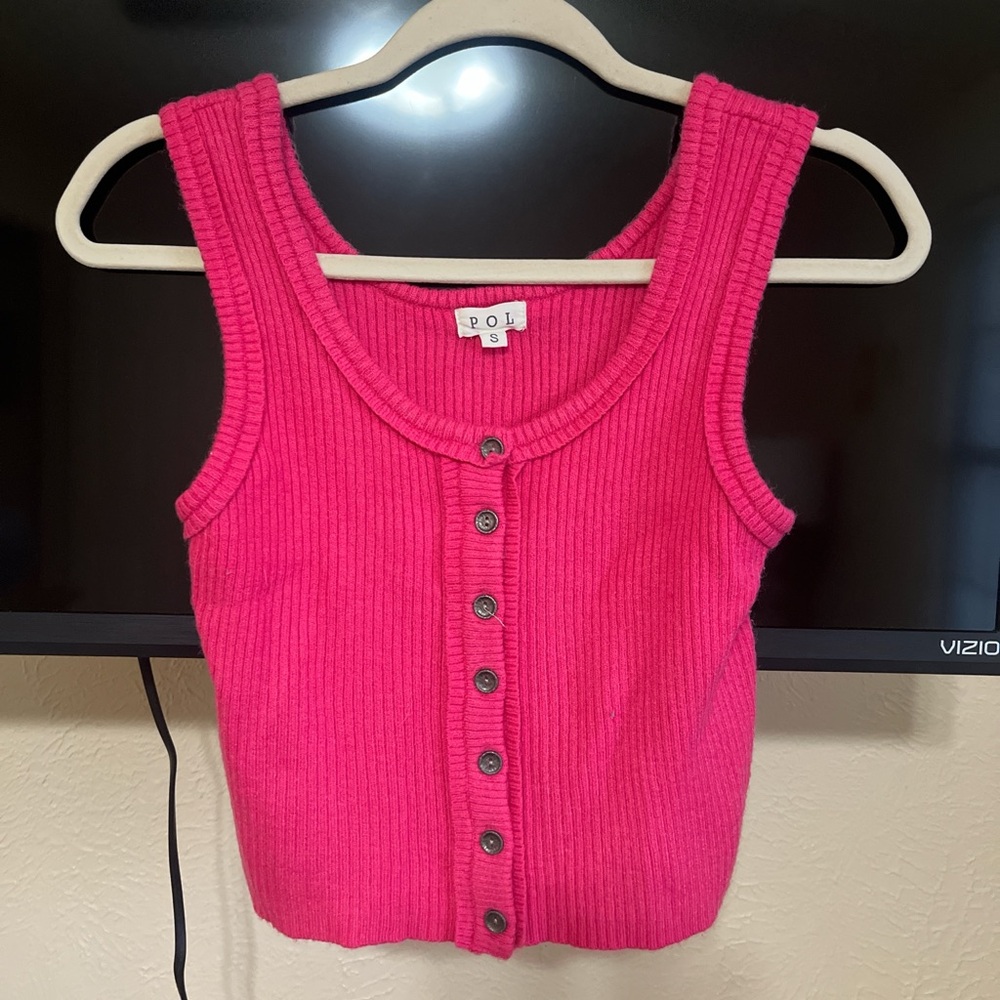 POL Hot Pink Ribbed Button-Front Tank